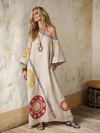 Women Boho Diagonal Striped Off Shoulder Loose Kaftan Maxi Beach Dress