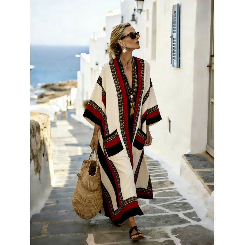 Women Boho Striped V Neck Open Front Loose Kaftan Maxi Beach Dress