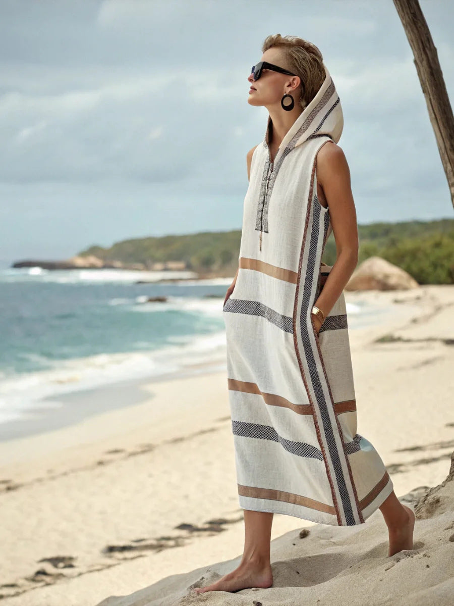 Women Boho Striped Hooded Sleeveless Slit Pocket Kaftan Maxi Beach Dress