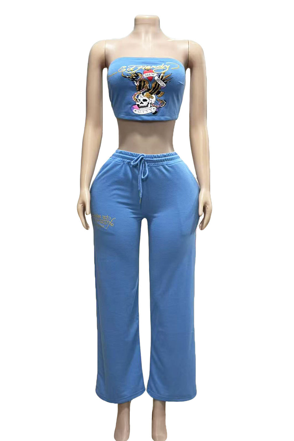 Skull Graphic Print Strapless Tube Top Wide Leg Pants 2 Piece Set Women