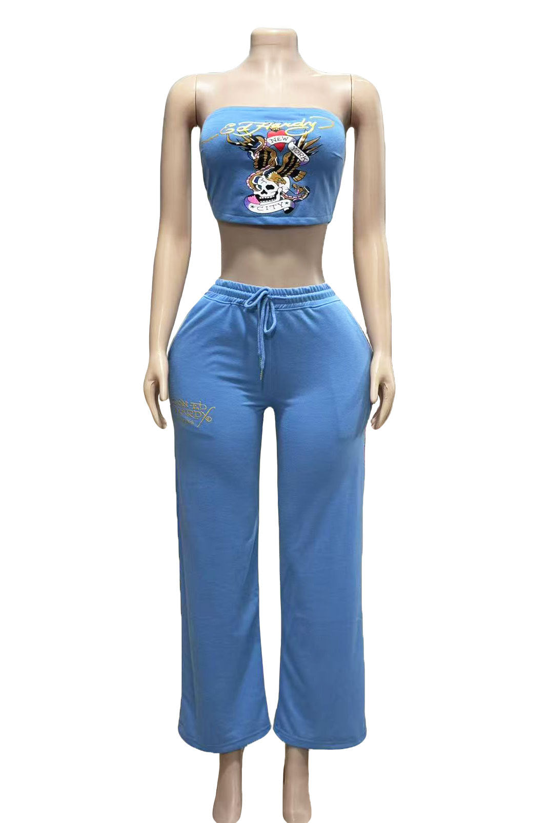 Skull Graphic Print Strapless Tube Top Wide Leg Pants 2 Piece Set Women