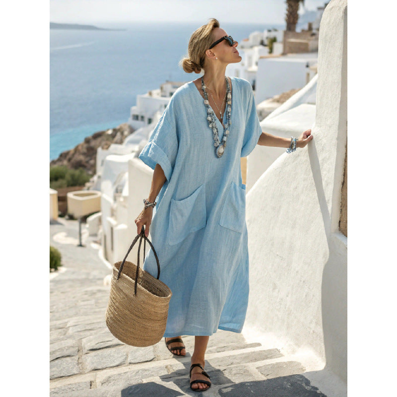 Women Boho V Neck Patch Pocket Print Loose Kaftan Maxi Beach Dress