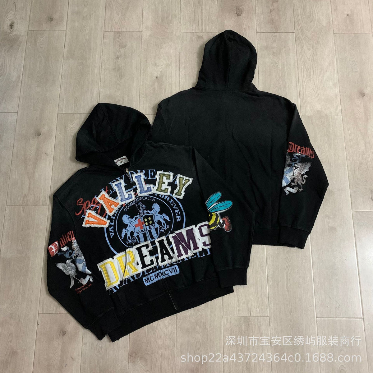 Valley Dreams Graphic Zip Up Hoodie Rhinestone Vintage Street Jacket