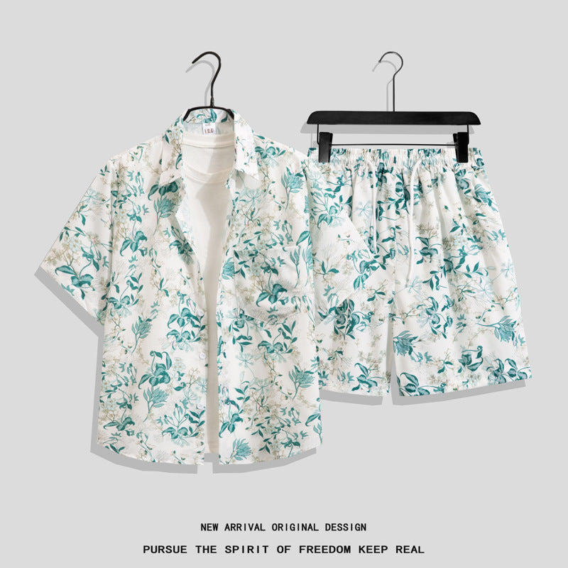 Ice Silk Quick Dry Couple Floral Loose Beach Shirt Shorts Set T3601-T3630