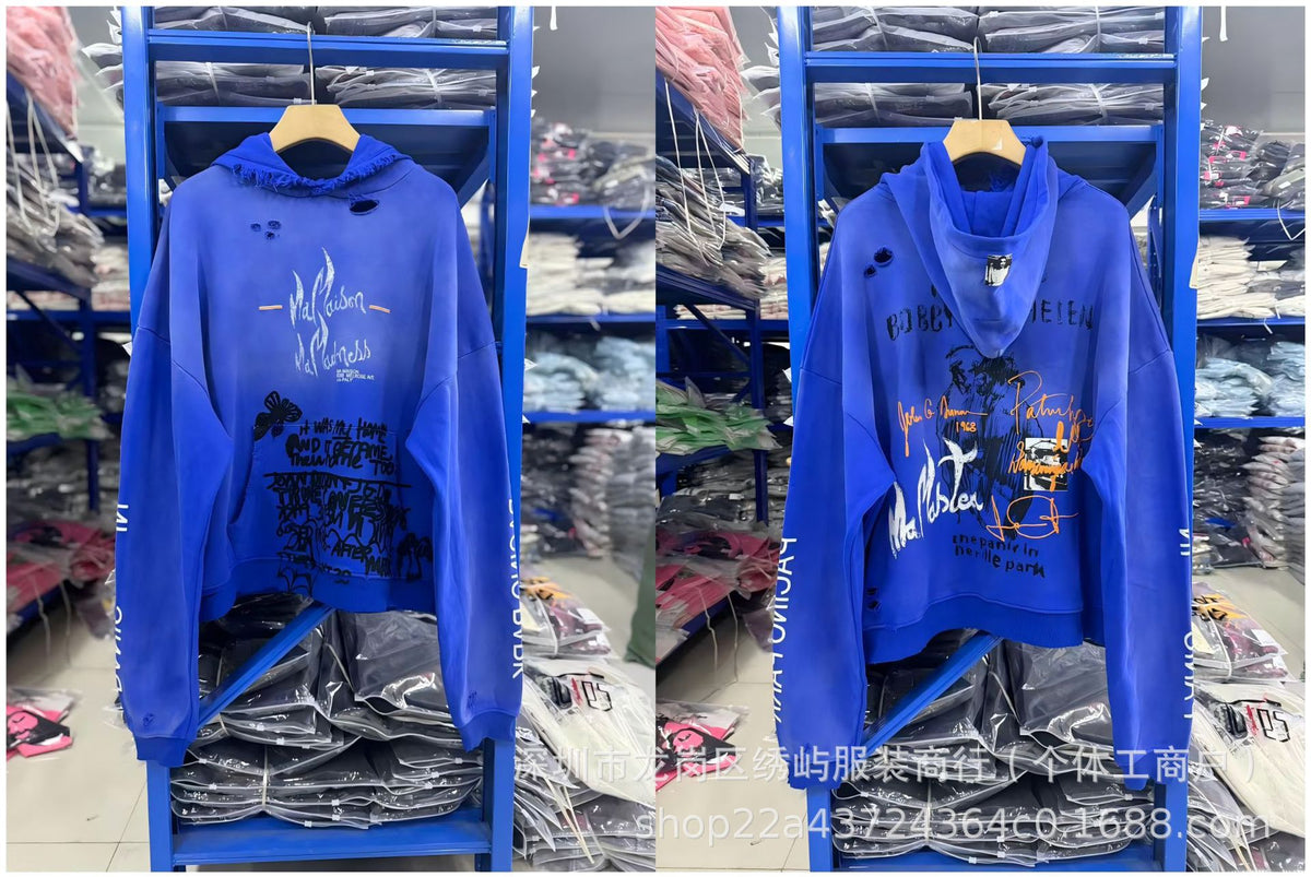 Paly Hollywood Cartoon Letter Hoodie Vintage Wash Graphic Streetwear