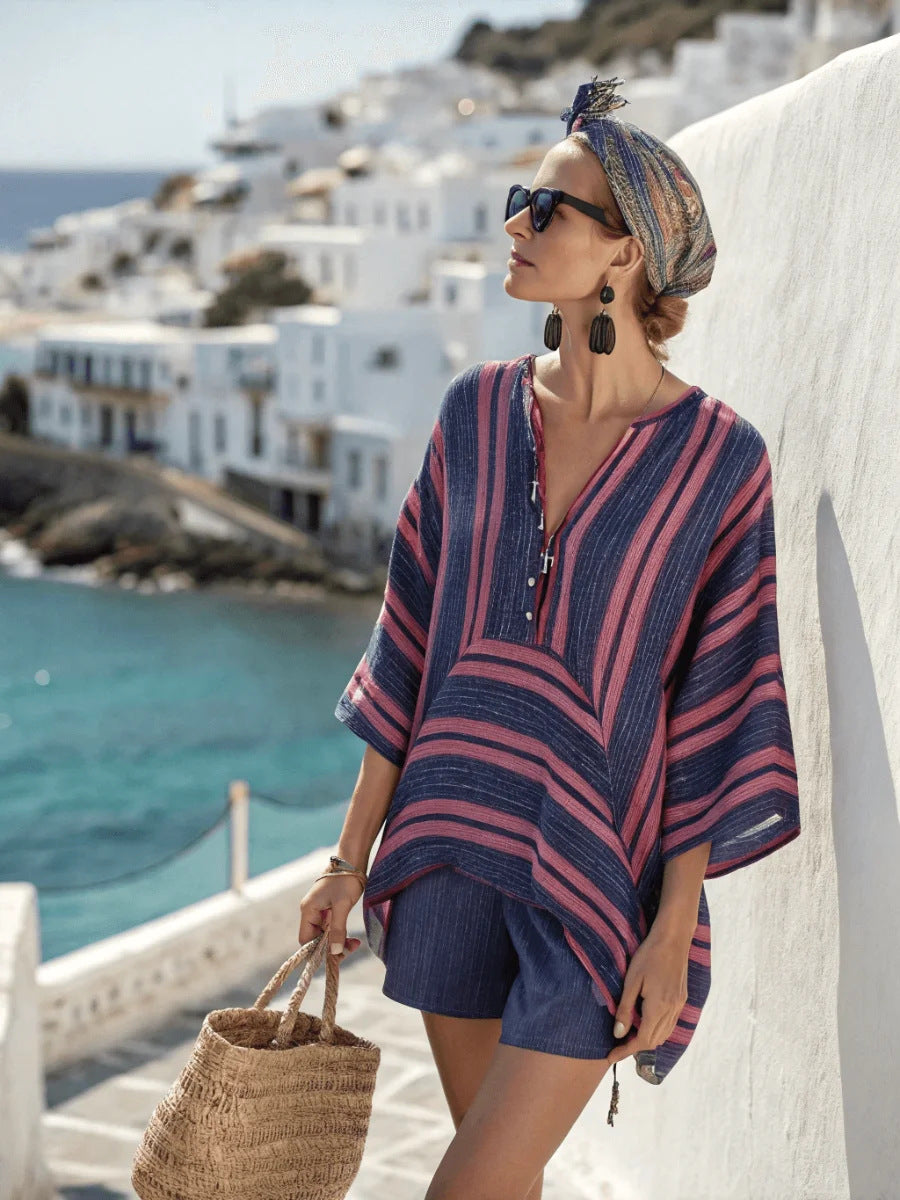 Women Boho Vertical Striped Linen V Neck Loose Kaftan Beach Vacation Set