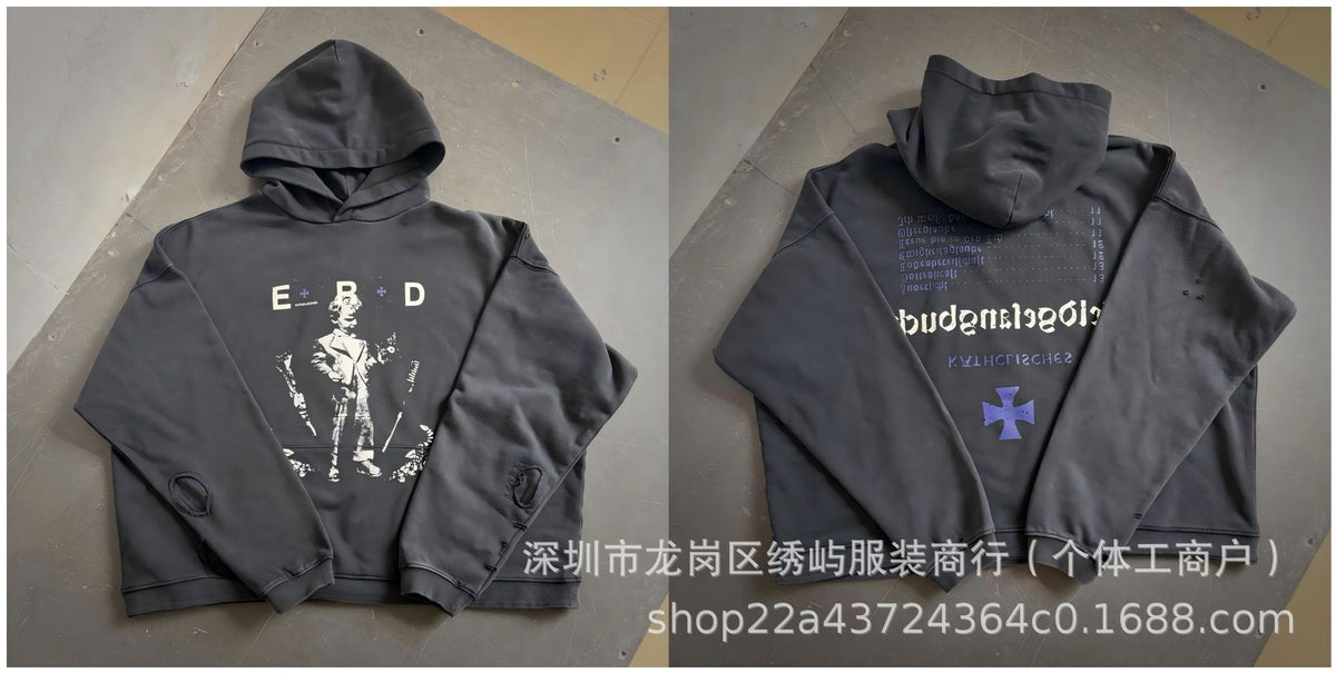 ERD Distressed Photo Letter Print Hoodie Vintage Cotton Pullover