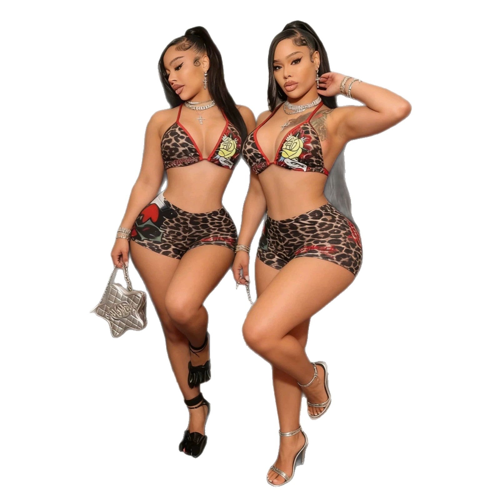 Leopard Rose Print Halter Sexy 2 Piece Shorts Set Women Club Outfit