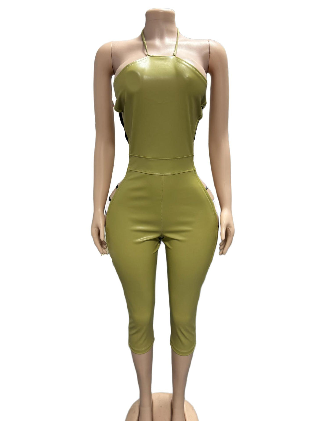 Faux Leather Halter Back Zipper Side Cutout Lace Up Jumpsuit Women