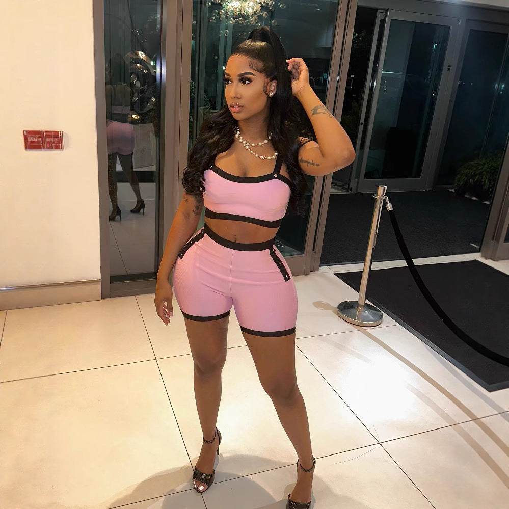 Color Block Spaghetti Strap Crop Top Biker Shorts 2 Piece Set Women
