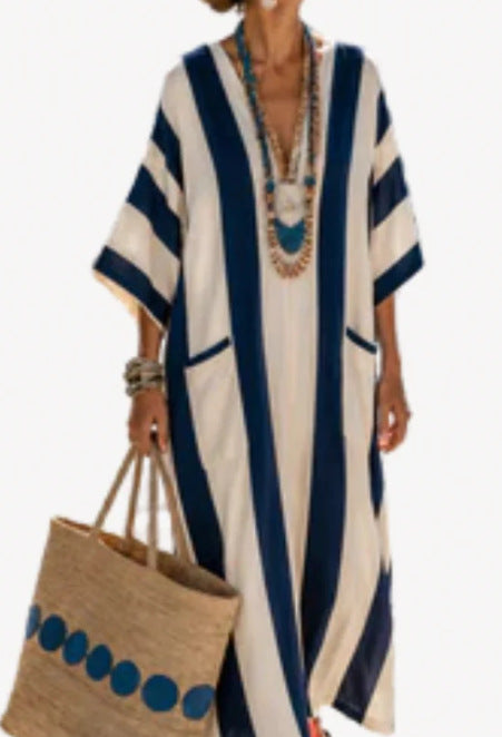 Women Boho Striped Embroidery V Neck Loose Kaftan Maxi Beach Dress