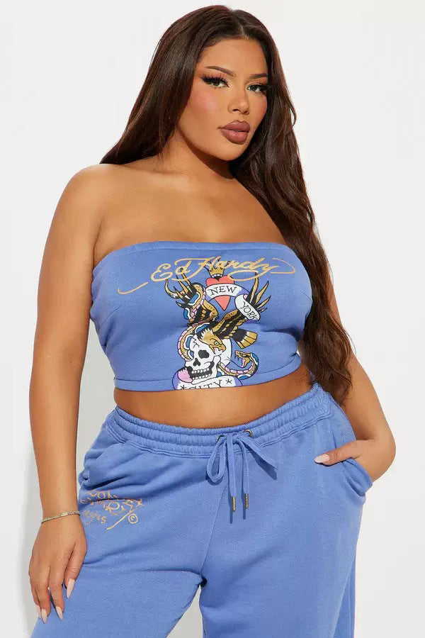 Skull Graphic Print Strapless Tube Top Wide Leg Pants 2 Piece Set Women