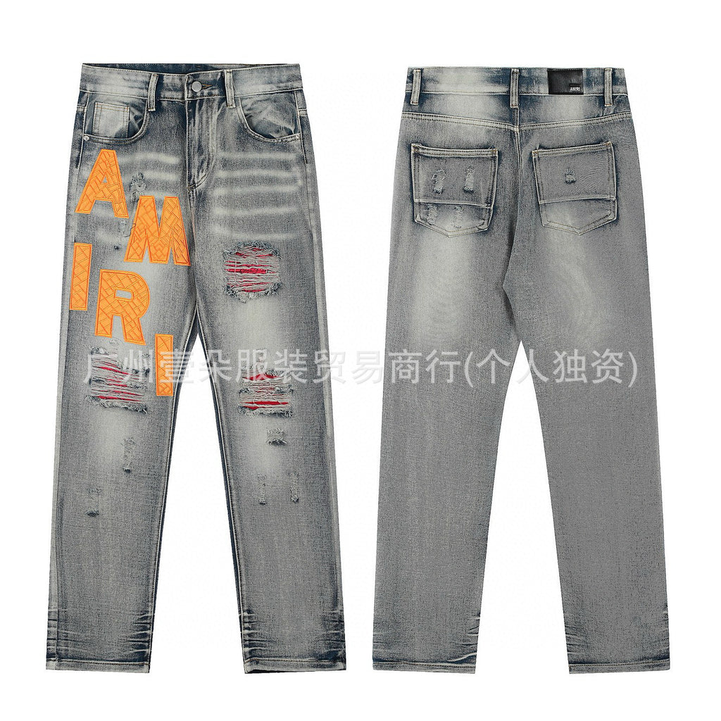 Amiri Letter Embroidery Washed Slim Tapered Denim Jeans Unisex