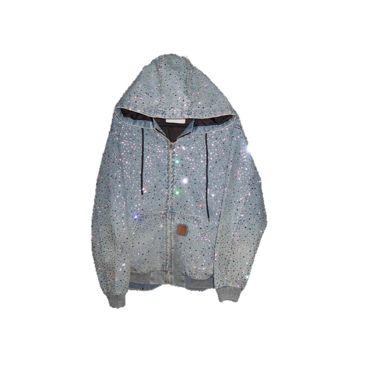 Rhinestone Denim Hooded Jacket Full Crystal Zip Up Unisex