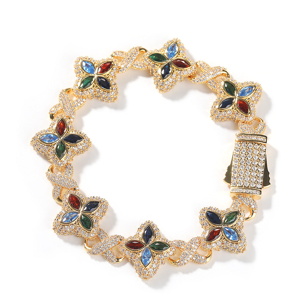 Iced Out Four Leaf Clover 5A Color Zircon Hip Hop Bracelet For