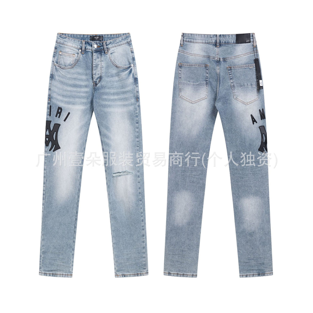 Amiri Blue Letter Embroidery Distressed Stretch Slim Fit Denim Jeans