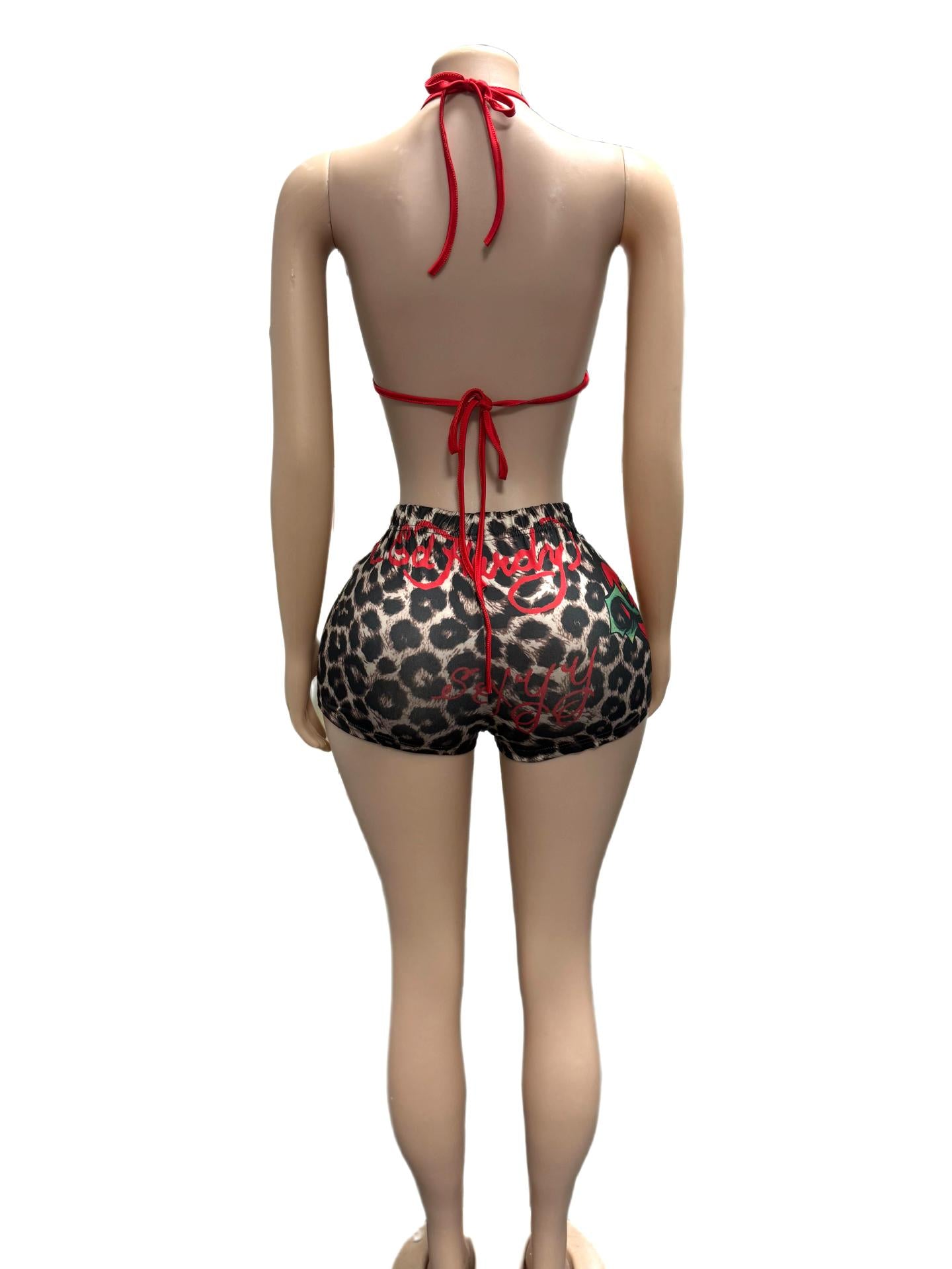 Leopard Rose Print Halter Sexy 2 Piece Shorts Set Women Club Outfit