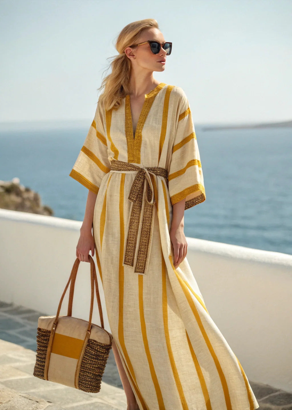 Boho Striped Belted Kaftan Maxi Beach Cover Up