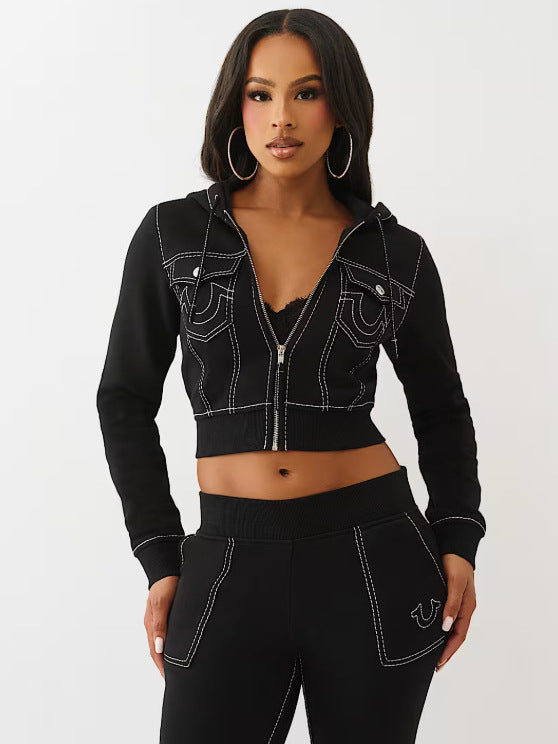 Y2K True Religion Contrast Stitch Embroidery Crop Hoodie 2 Piece Set