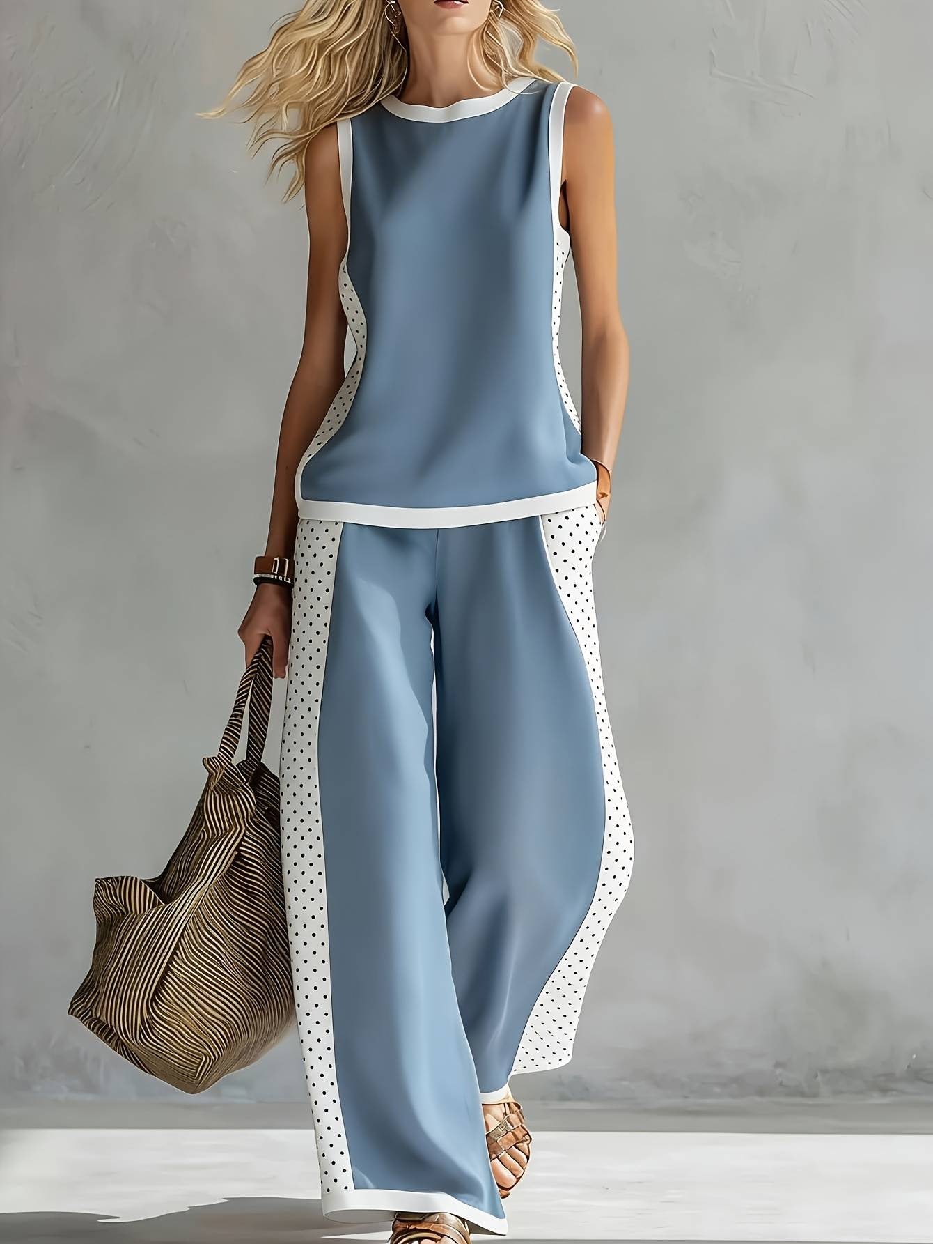 Boho Floral Trim Sleeveless Wide Leg Two Piece Set