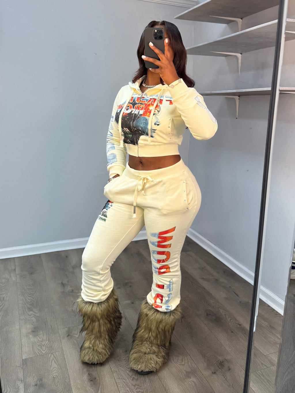 First Row Post Human New Born Zip Crop Hoodie Flare Jogger 2 Piece Set Women