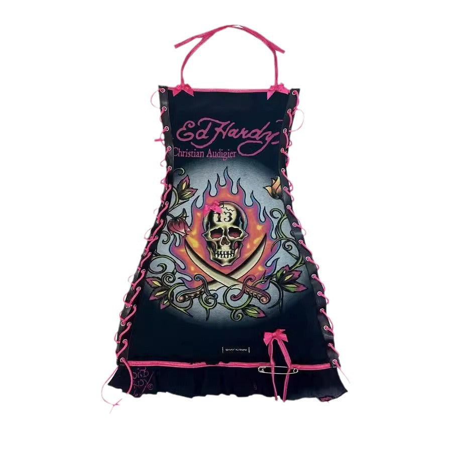 Vintage Skull Print Lace Up Cami Mini Dress Halloween