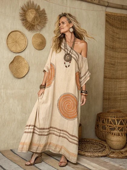 Women Boho Diagonal Striped Off Shoulder Loose Kaftan Maxi Beach Dress