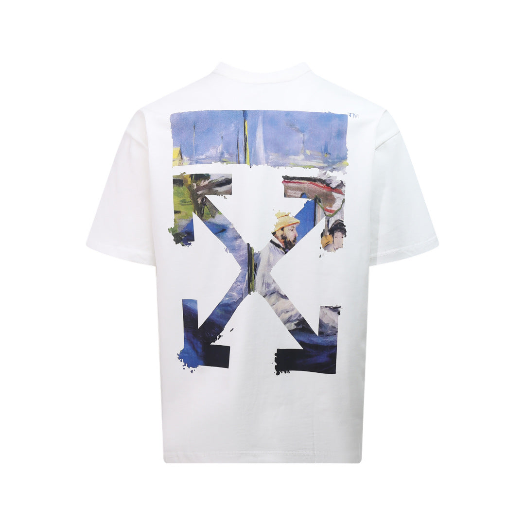 Tape Arrow Graphic Print Streetwear Crew Neck Short Sleeve T Shirt
