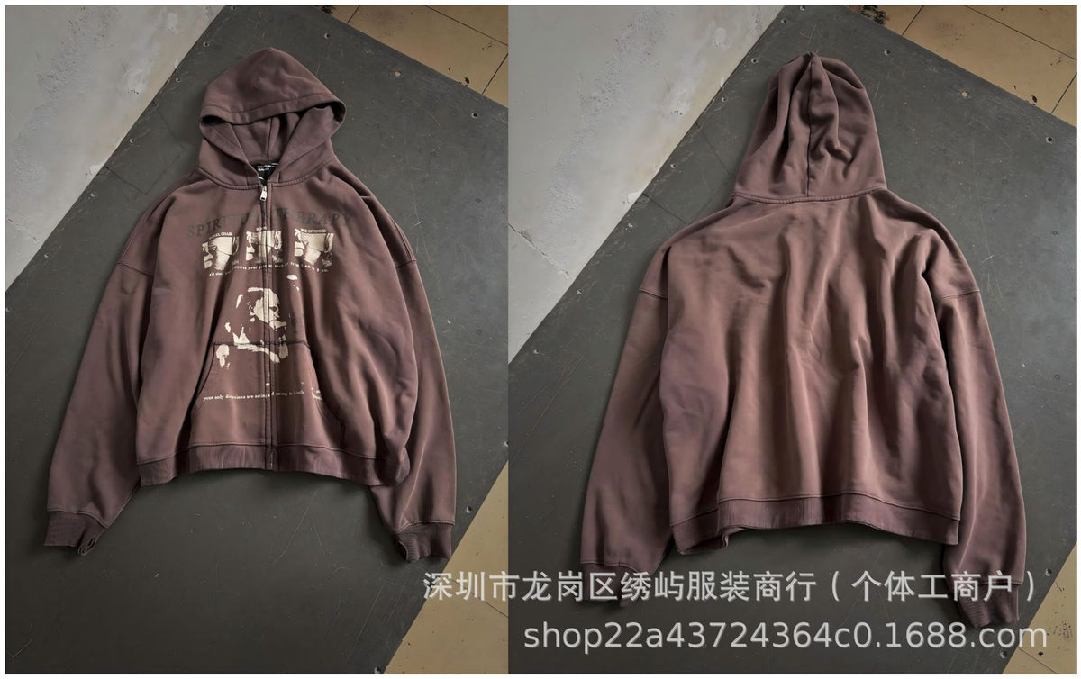 ERD Distressed Photo Letter Print Hoodie Vintage Cotton Pullover