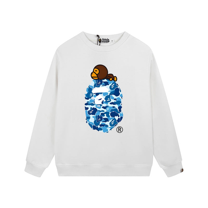 Bape Arch Letter Shark Ape Head Washed Oversized Crewneck Streetwear