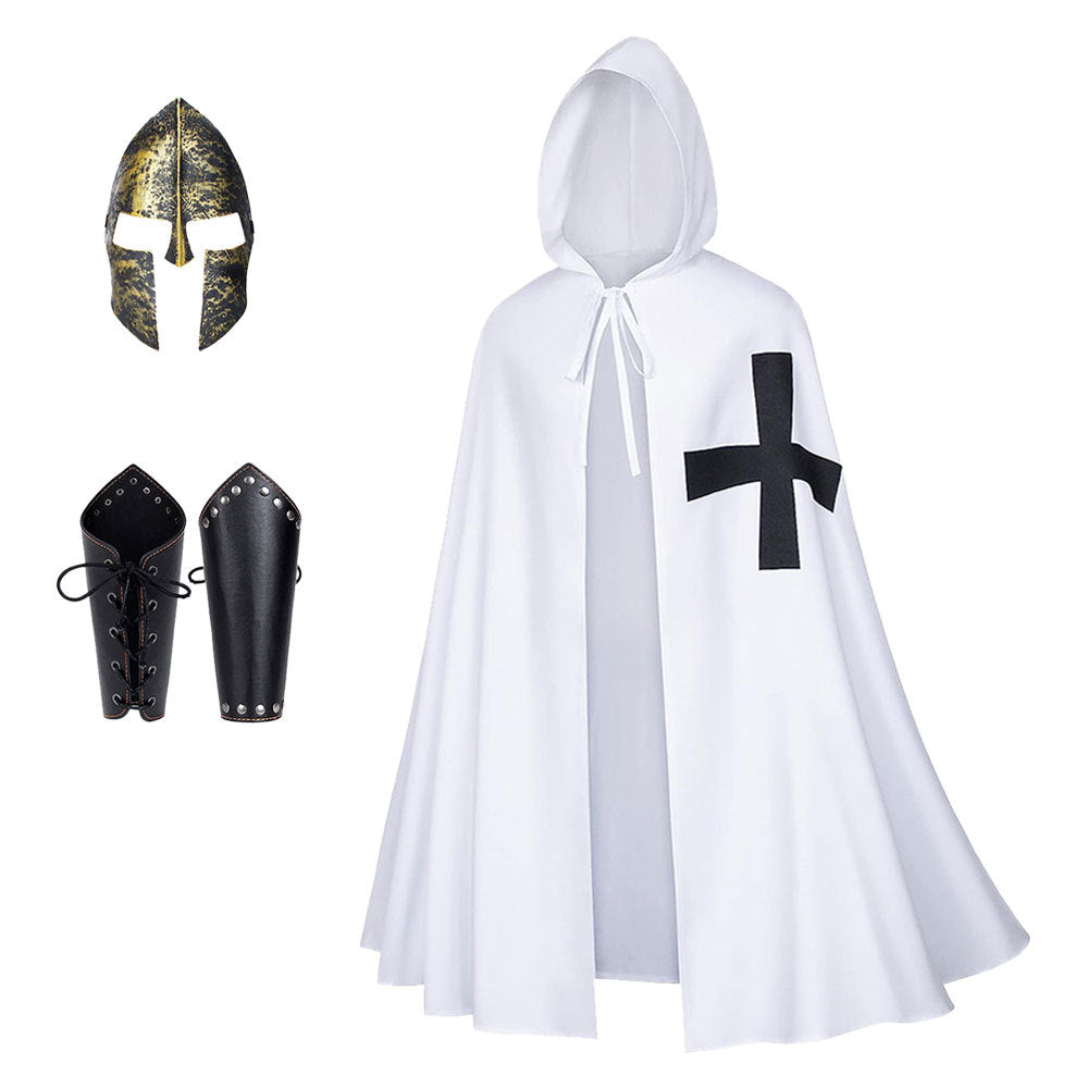 Halloween Men Medieval Templar Knight Hooded Cape Cross Print Cloak
