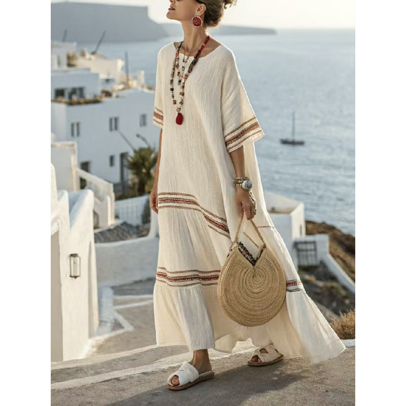 Women Boho Striped Embroidery V Neck Loose Kaftan Maxi Beach Dress