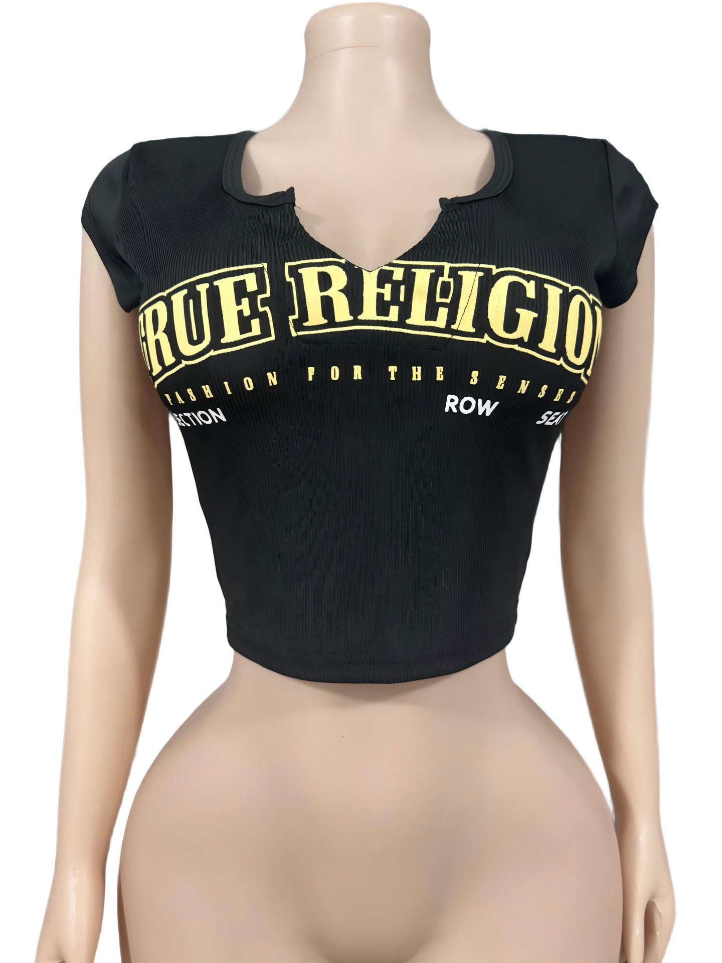 Y2K True Religion Letter Notch Neck Ribbed Crop Tank Top