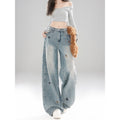 Light Blue Puppy Embroidered Wide Leg Denim High Waist Loose Trousers