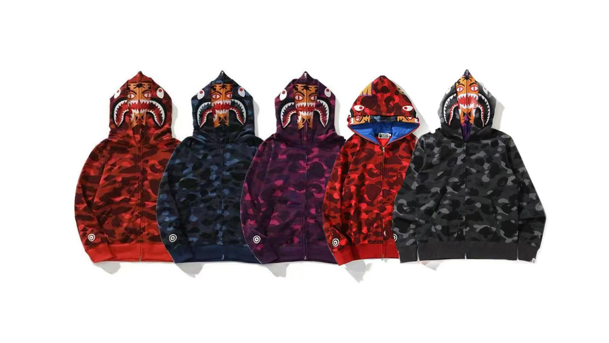 BAPE Double Hood Shark Tiger Camo Embroidered Zip Hoodie