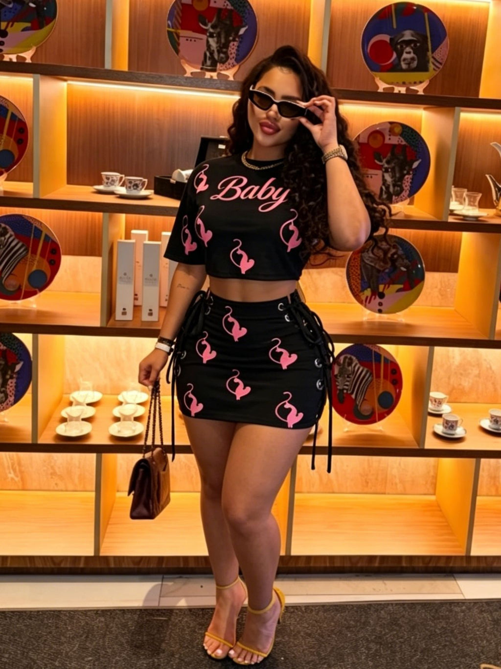 Baby Phat Y2K Graphic Print Crop Top Lace‑Up Mini Skirt Set Women