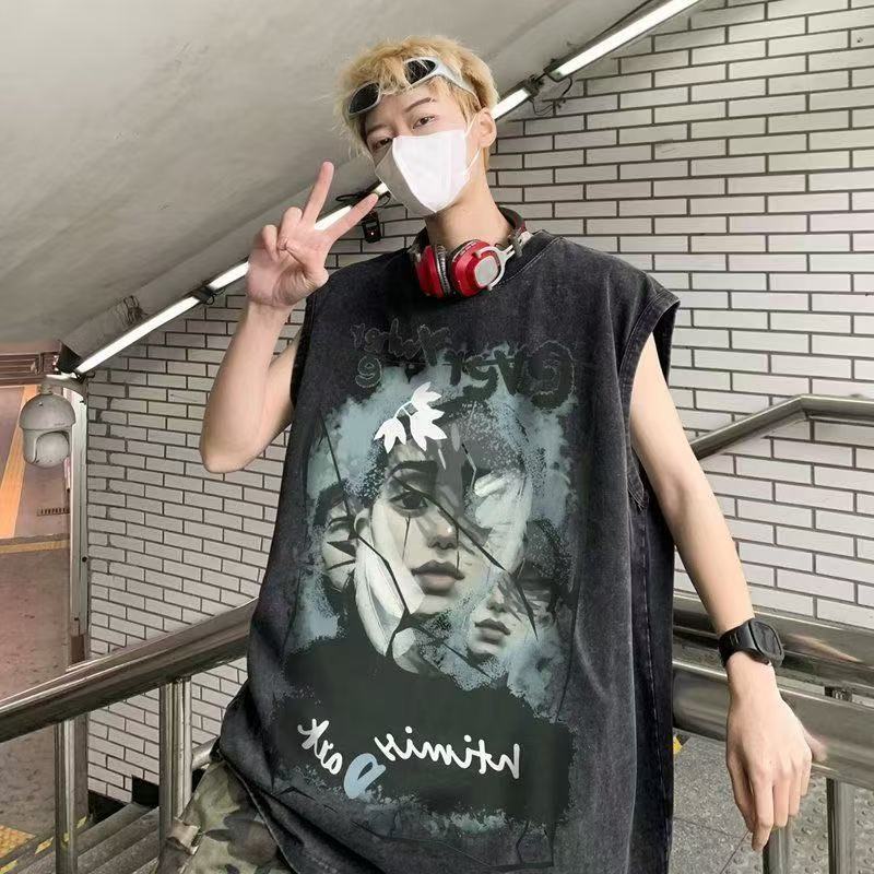 Vintage Washed Graphic Tank Cotton Loose Streetwear Sleeveless Vest
