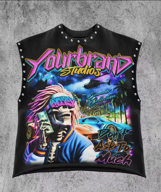 Vintage Letter Number Graphic Rivet Sleeveless Loose Vest Top Women
