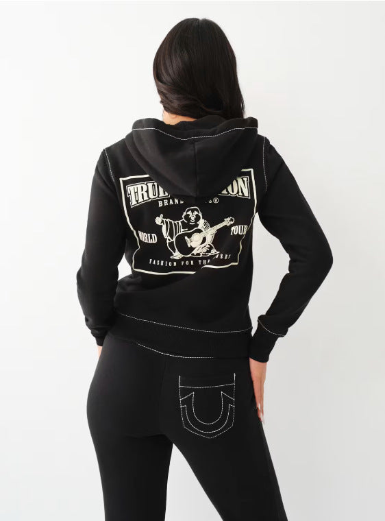 True Religion Vintage Stitch Zip Crop Hoodie Flare Pant Tracksuit Set