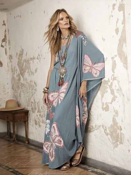 Women Boho Diagonal Striped Off Shoulder Loose Kaftan Maxi Beach Dress