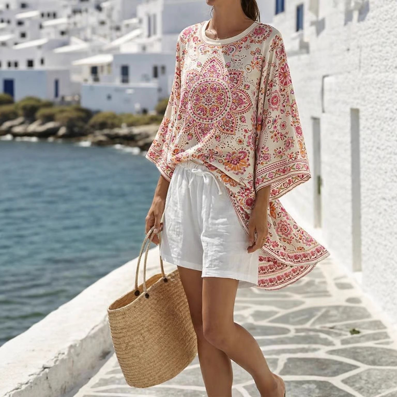 Boho Striped Batwing Beach Two Piece Short Set