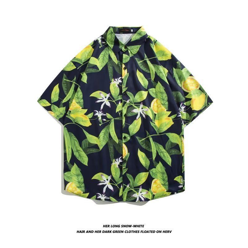 Mens Vintage Cartoon Tropical Print Short Sleeve Beach Shirt