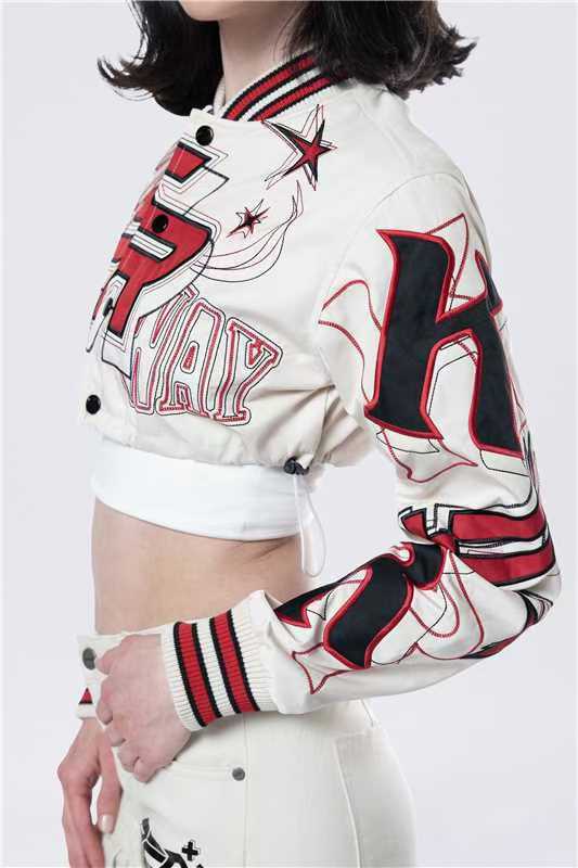 Embroidered Cropped Varsity Jacket Women Long Sleeve Baseball Coat