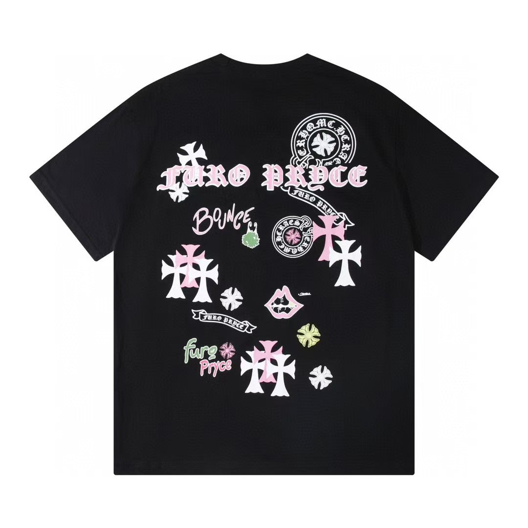 Chrome Hearts Color Sanskrit Cross Print Short Tee Unisex Y2K