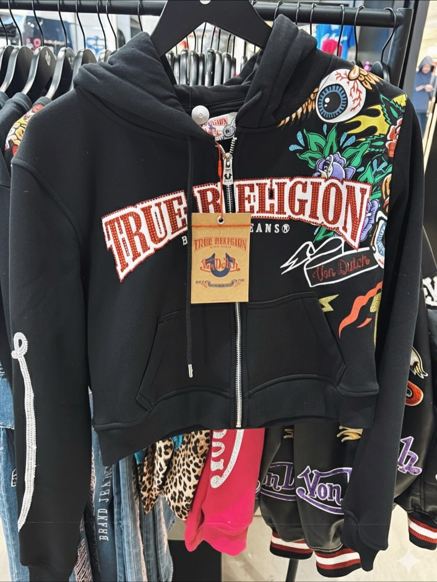True Religion Graphic Zip Crop Hoodie Flare Pants 2 Piece Set