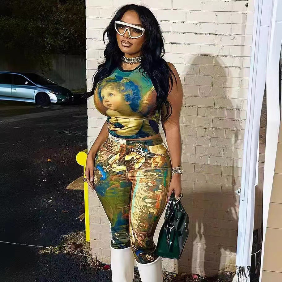 Vintage Oil Painting Print Sleeveless Crop Top Leggings 2 Piece Set