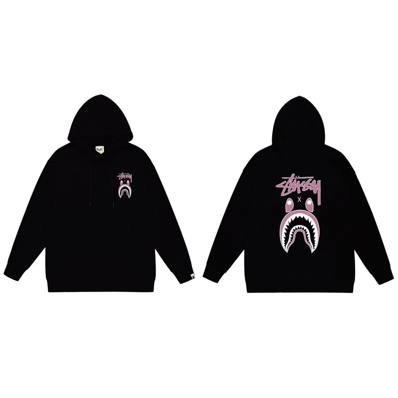 BAPE x Stussy Shark Graphic Hoodie Street Cotton Pullover Sweatshirt