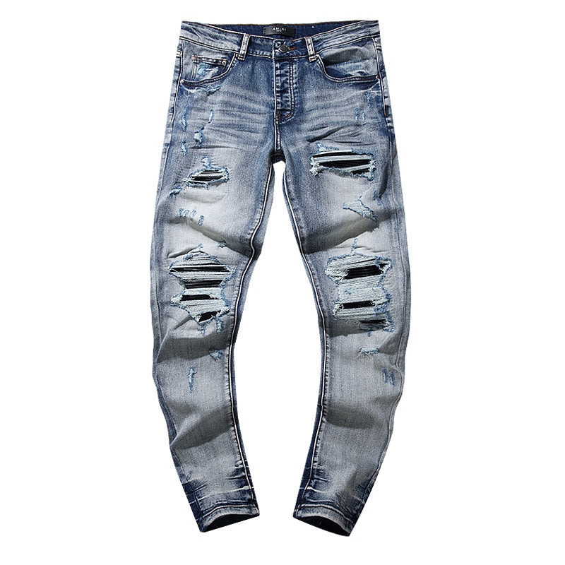 Purple Brand Vintage Washed Distressed Splash‑Ink Slim Tapered Jeans