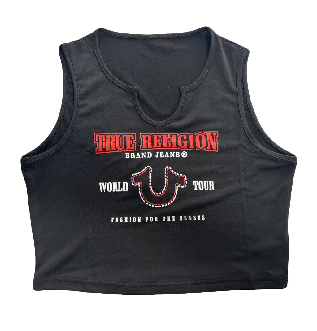 True Religion Letter Print Notch V Neck Sleeveless Crop Tank Top Women