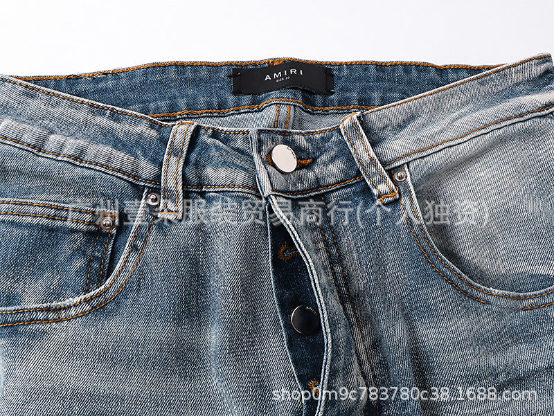 Amiri Blue Letter Embroidery Distressed Stretch Slim Fit Denim Jeans